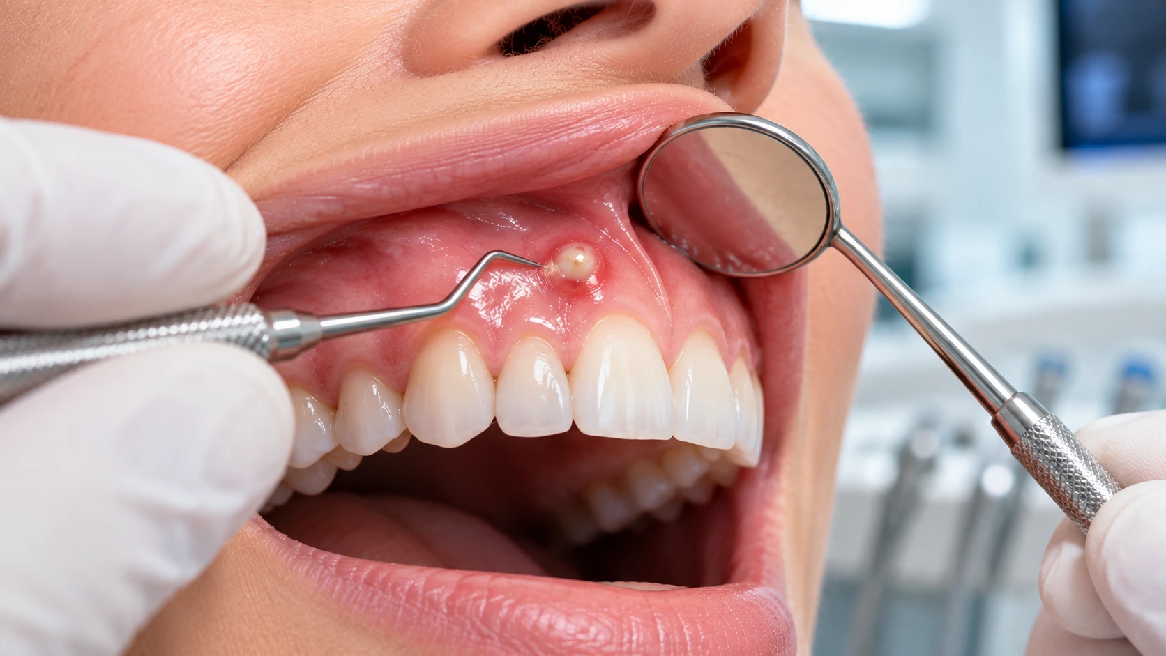 Close-up of a painless gum boil above an upper front tooth being examined with a dental probe and mirror at Işın Dental Clinic Antalya, Turkey