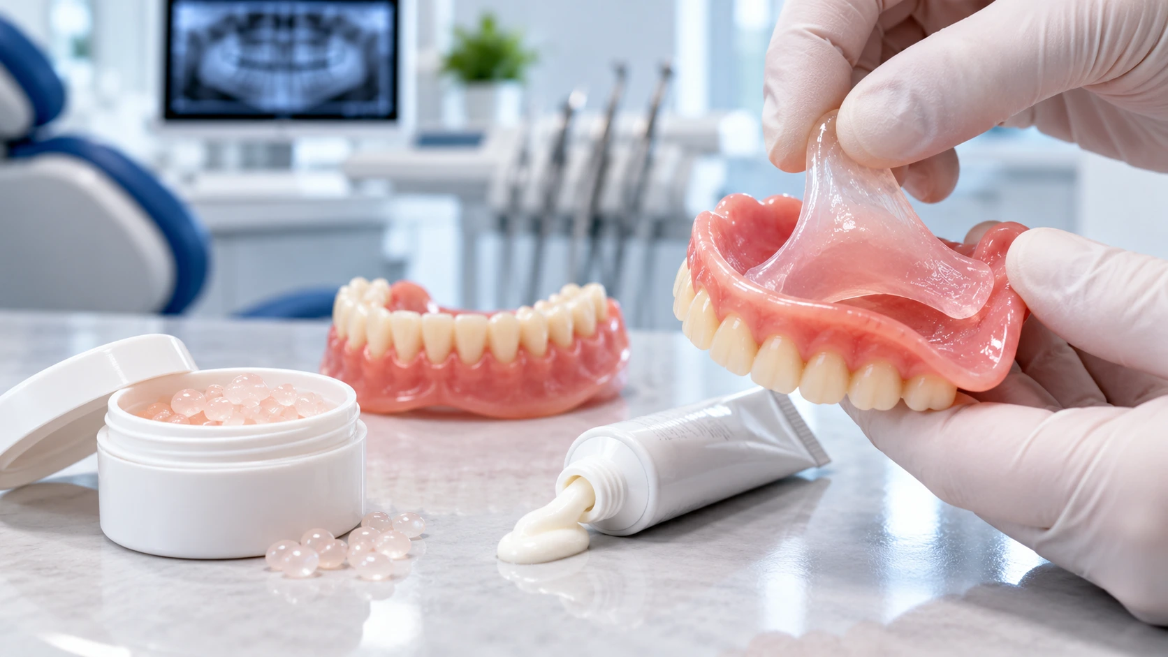 Dentist holding a lower denture with a thermoplastic liner stretched from it, beside a pot of thermoplastic pellets and a tube of denture adhesive cream at Işın Dental Clinic Antalya, Turkey