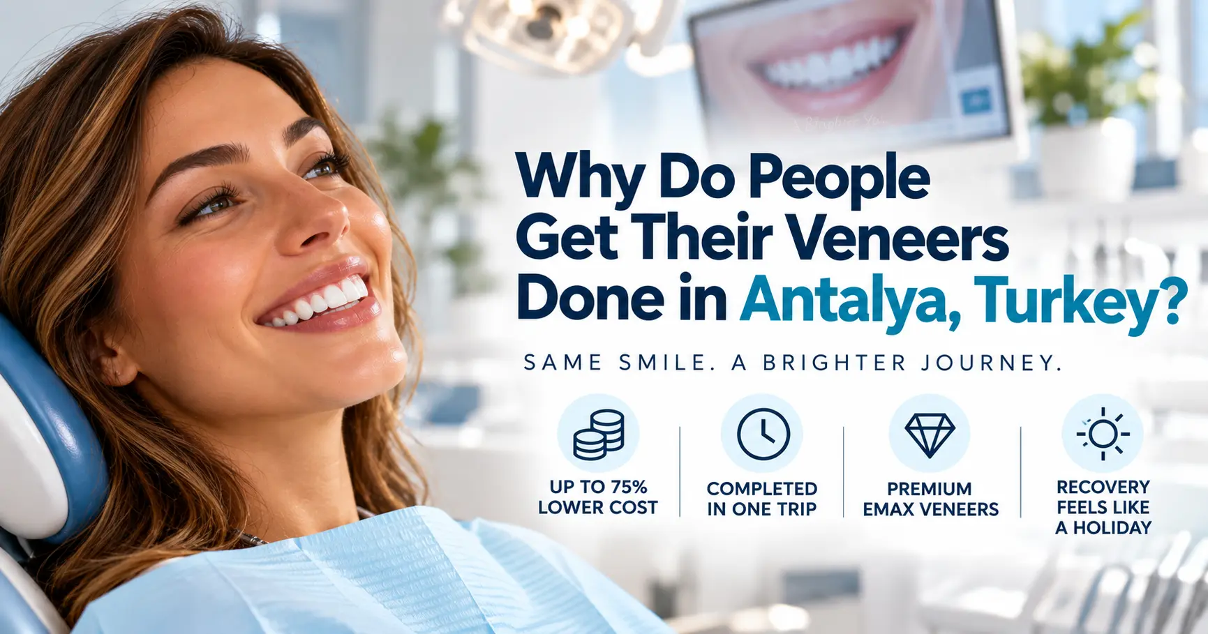 Patient smiling in the dental chair after Emax veneer treatment, with the reasons people travel to Antalya, Turkey for veneers: lower cost, one trip and premium materials